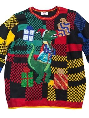 Men’s Holiday Time Dino ugly Christmas Sweater Size large EUC